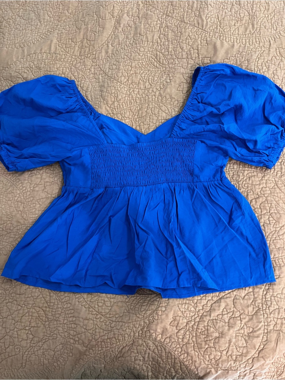 Cobalt Blue Puff-Sleeve Flowy Peplum Babydoll Blouse Nine West Women L - Picture 9 of 9